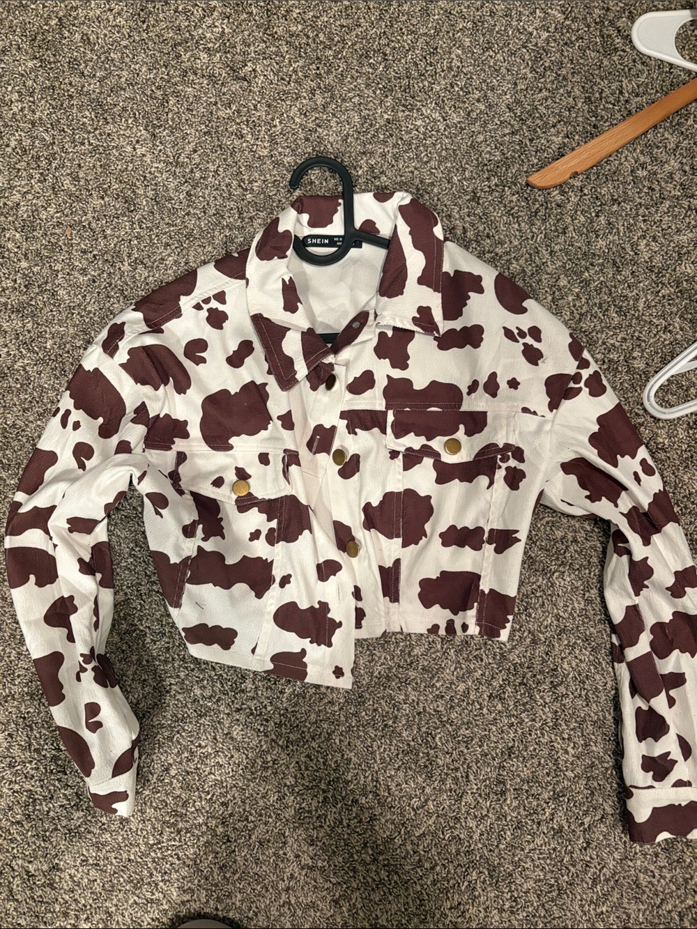 SHEIN White & Brown Cow Print Cropped Denim Jacket